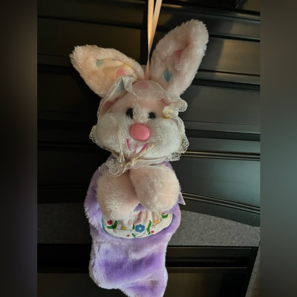 1970’s Vintage 3D PinkPlush Bunny Rabbit Purple Velour Stocking